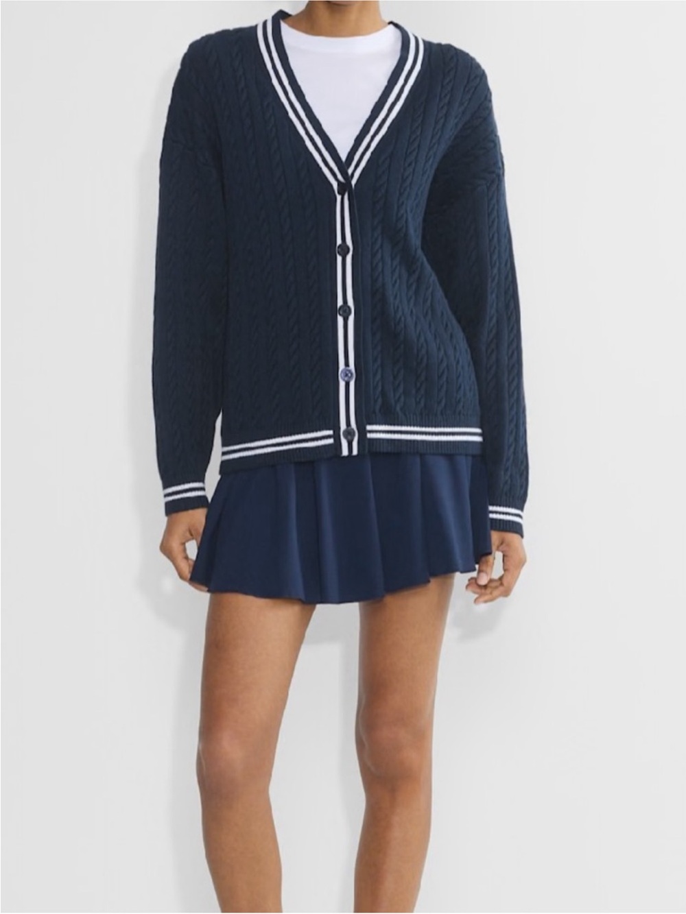 Navy Cable-Knit V-Neck Cardigan with Striped Trim